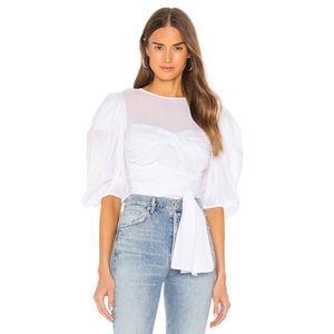 LPA Lancaster Blouse White Puff Sleeve Wrap Bow Sheer Gauze Sweetheart Neckline